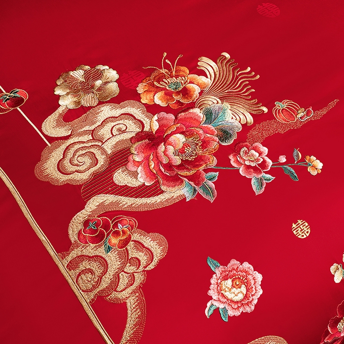 91家纺网 家纺一手货源 找家纺 蒂爵 2026年重绣性价比款长绒棉提花全棉纯棉绣花婚庆四件套多件套大红色刺绣结床上用品 国色天香