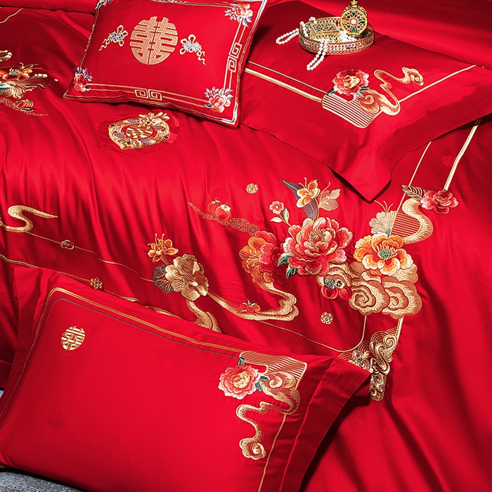 91家纺网 家纺一手货源 找家纺 蒂爵 2026年重绣性价比款长绒棉提花全棉纯棉绣花婚庆四件套多件套大红色刺绣结床上用品 国色天香