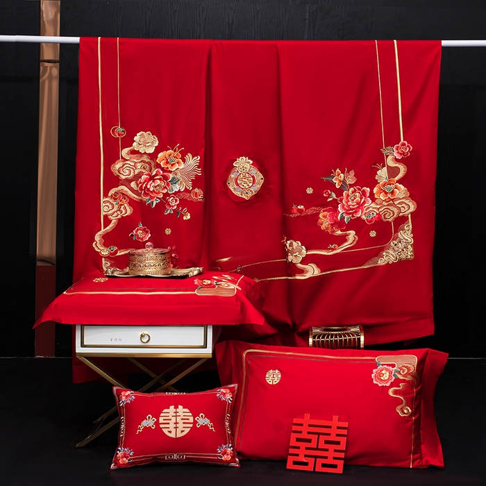 91家纺网 家纺一手货源 找家纺 蒂爵 2026年重绣性价比款长绒棉提花全棉纯棉绣花婚庆四件套多件套大红色刺绣结床上用品 国色天香