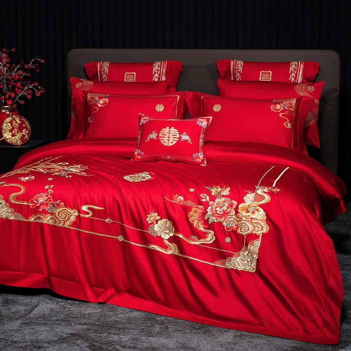 91家纺网 家纺一手货源 找家纺 蒂爵 2026年重绣性价比款长绒棉提花全棉纯棉绣花婚庆四件套多件套大红色刺绣结床上用品 国色天香