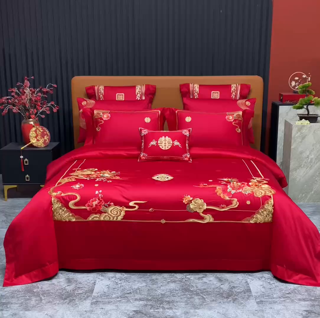 91家纺网 家纺一手货源 找家纺 蒂爵 2026年重绣性价比款长绒棉提花全棉纯棉绣花婚庆四件套多件套大红色刺绣结床上用品 国色天香