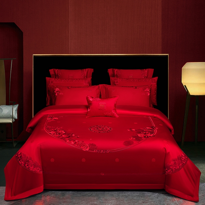 蒂爵 2026年重绣性价比款长绒棉提花全棉纯棉绣花婚庆四件套多件套大红色刺绣结床上用品 海韵丹姿红