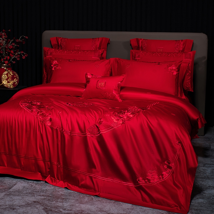 91家纺网 家纺一手货源 找家纺 蒂爵 2026年重绣性价比款长绒棉提花全棉纯棉绣花婚庆四件套多件套大红色刺绣结床上用品 海韵丹姿红
