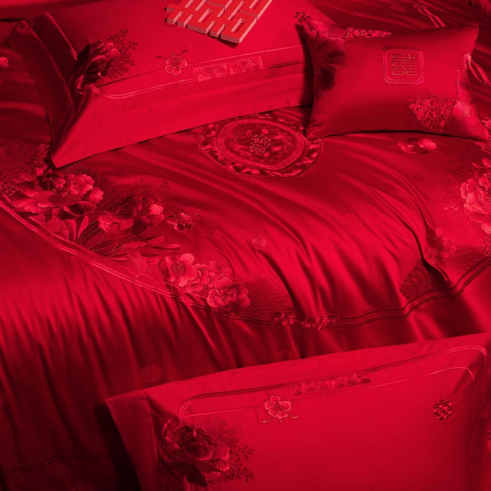 91家纺网 家纺一手货源 找家纺 蒂爵 2026年重绣性价比款长绒棉提花全棉纯棉绣花婚庆四件套多件套大红色刺绣结床上用品 海韵丹姿红