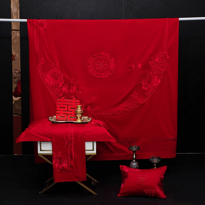 91家纺网 家纺一手货源 找家纺 蒂爵 2026年重绣性价比款长绒棉提花全棉纯棉绣花婚庆四件套多件套大红色刺绣结床上用品 海韵丹姿红