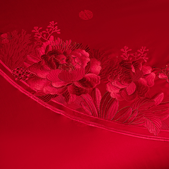 91家纺网 家纺一手货源 找家纺 蒂爵 2026年重绣性价比款长绒棉提花全棉纯棉绣花婚庆四件套多件套大红色刺绣结床上用品 海韵丹姿红