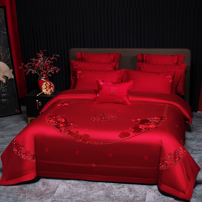 91家纺网 家纺一手货源 找家纺 蒂爵 2026年重绣性价比款长绒棉提花全棉纯棉绣花婚庆四件套多件套大红色刺绣结床上用品 海韵丹姿红