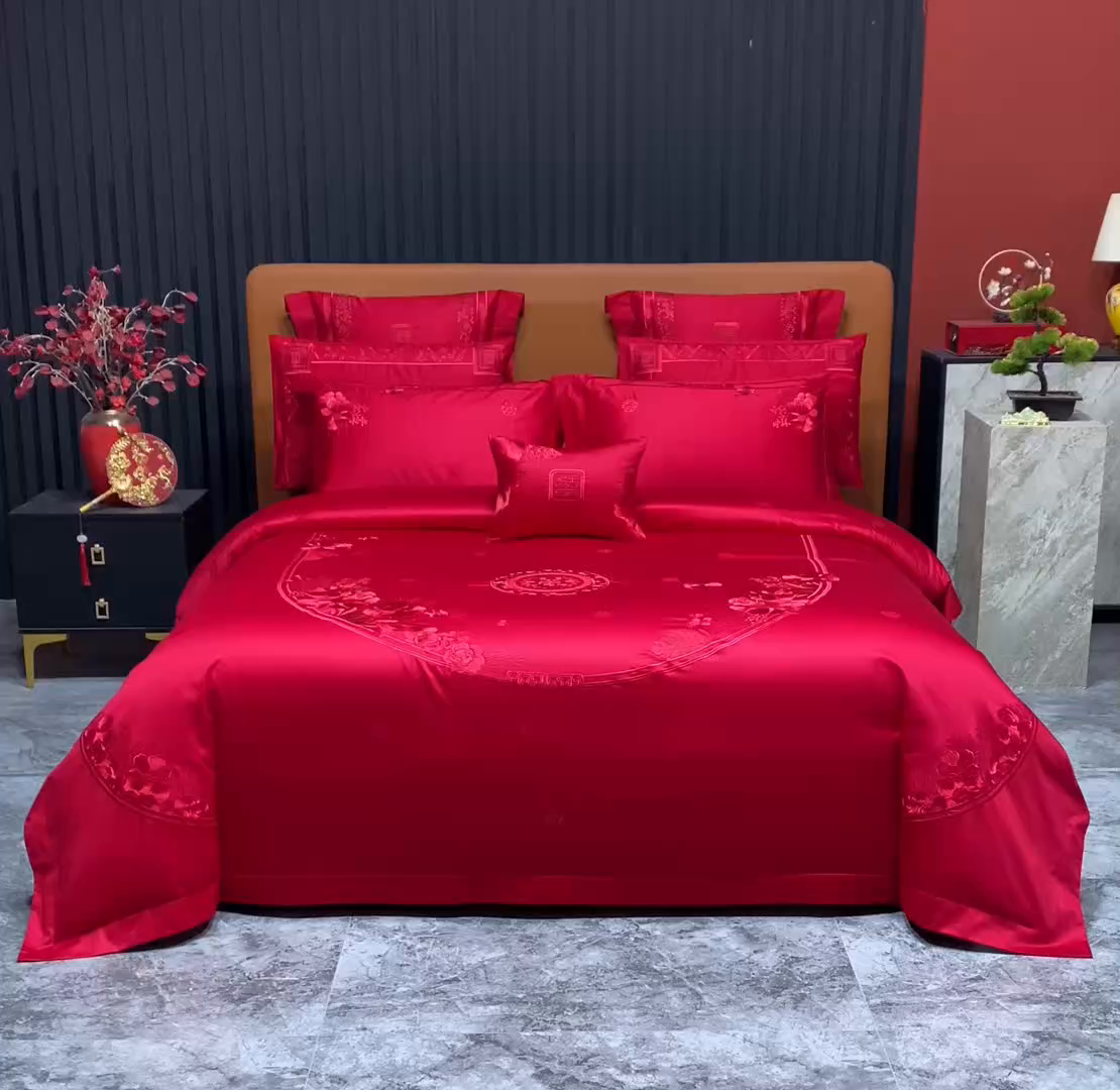 91家纺网 家纺一手货源 找家纺 蒂爵 2026年重绣性价比款长绒棉提花全棉纯棉绣花婚庆四件套多件套大红色刺绣结床上用品 海韵丹姿红