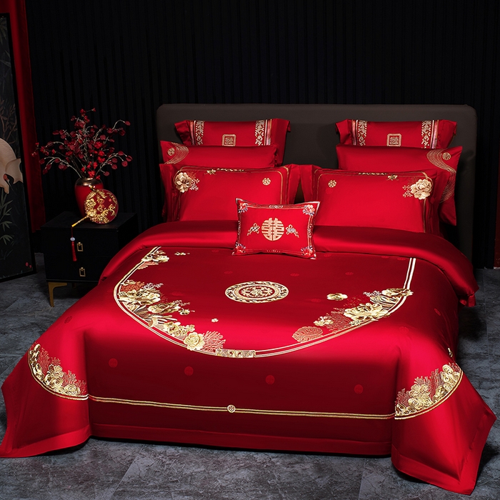 91家纺网 家纺一手货源 找家纺 蒂爵 2026年重绣性价比款长绒棉提花全棉纯棉绣花婚庆四件套多件套大红色刺绣结床上用品 海韵丹姿金