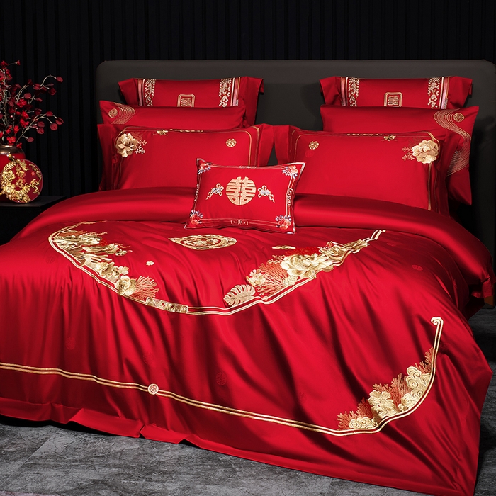 91家纺网 家纺一手货源 找家纺 蒂爵 2026年重绣性价比款长绒棉提花全棉纯棉绣花婚庆四件套多件套大红色刺绣结床上用品 海韵丹姿金