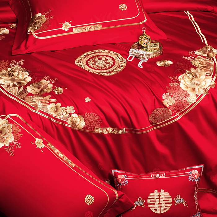 91家纺网 家纺一手货源 找家纺 蒂爵 2026年重绣性价比款长绒棉提花全棉纯棉绣花婚庆四件套多件套大红色刺绣结床上用品 海韵丹姿金