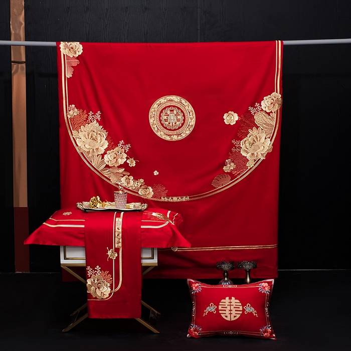 91家纺网 家纺一手货源 找家纺 蒂爵 2026年重绣性价比款长绒棉提花全棉纯棉绣花婚庆四件套多件套大红色刺绣结床上用品 海韵丹姿金