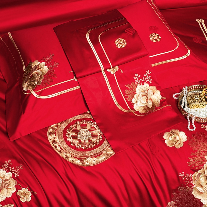 91家纺网 家纺一手货源 找家纺 蒂爵 2026年重绣性价比款长绒棉提花全棉纯棉绣花婚庆四件套多件套大红色刺绣结床上用品 海韵丹姿金