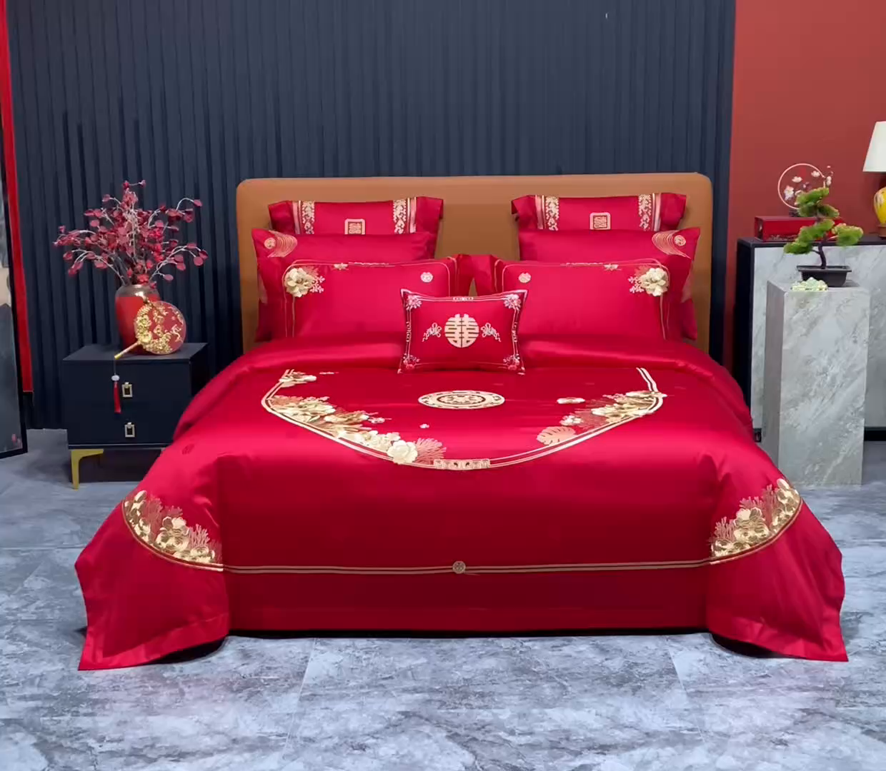 91家纺网 家纺一手货源 找家纺 蒂爵 2026年重绣性价比款长绒棉提花全棉纯棉绣花婚庆四件套多件套大红色刺绣结床上用品 海韵丹姿金