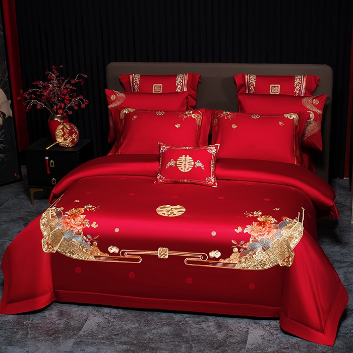 91家纺网 家纺一手货源 找家纺 蒂爵 2026年重绣性价比款长绒棉提花全棉纯棉绣花婚庆四件套多件套大红色刺绣结床上用品 花开纳福