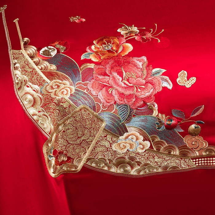 91家纺网 家纺一手货源 找家纺 蒂爵 2026年重绣性价比款长绒棉提花全棉纯棉绣花婚庆四件套多件套大红色刺绣结床上用品 花开纳福