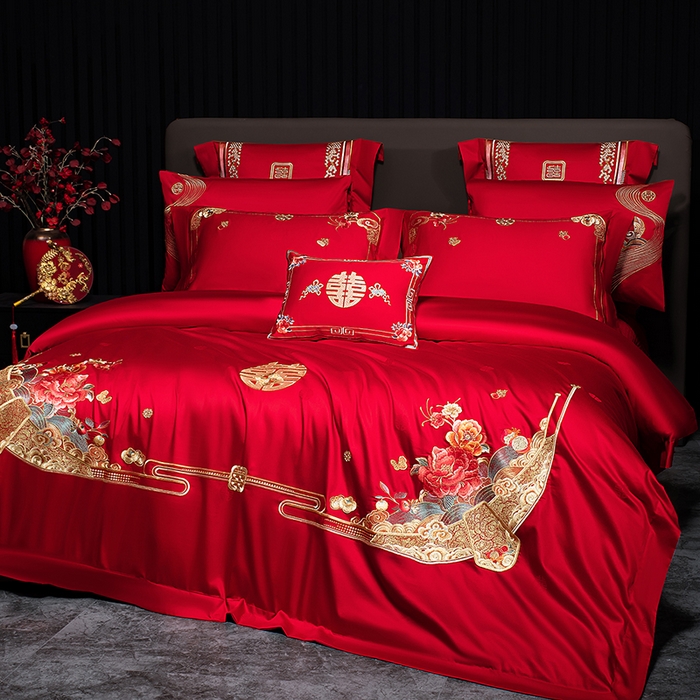 91家纺网 家纺一手货源 找家纺 蒂爵 2026年重绣性价比款长绒棉提花全棉纯棉绣花婚庆四件套多件套大红色刺绣结床上用品 花开纳福