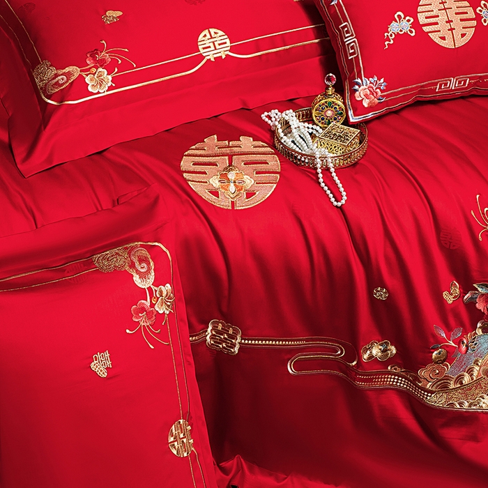 91家纺网 家纺一手货源 找家纺 蒂爵 2026年重绣性价比款长绒棉提花全棉纯棉绣花婚庆四件套多件套大红色刺绣结床上用品 花开纳福