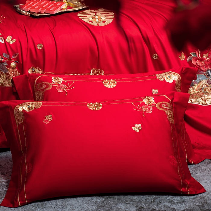 91家纺网 家纺一手货源 找家纺 蒂爵 2026年重绣性价比款长绒棉提花全棉纯棉绣花婚庆四件套多件套大红色刺绣结床上用品 花开纳福