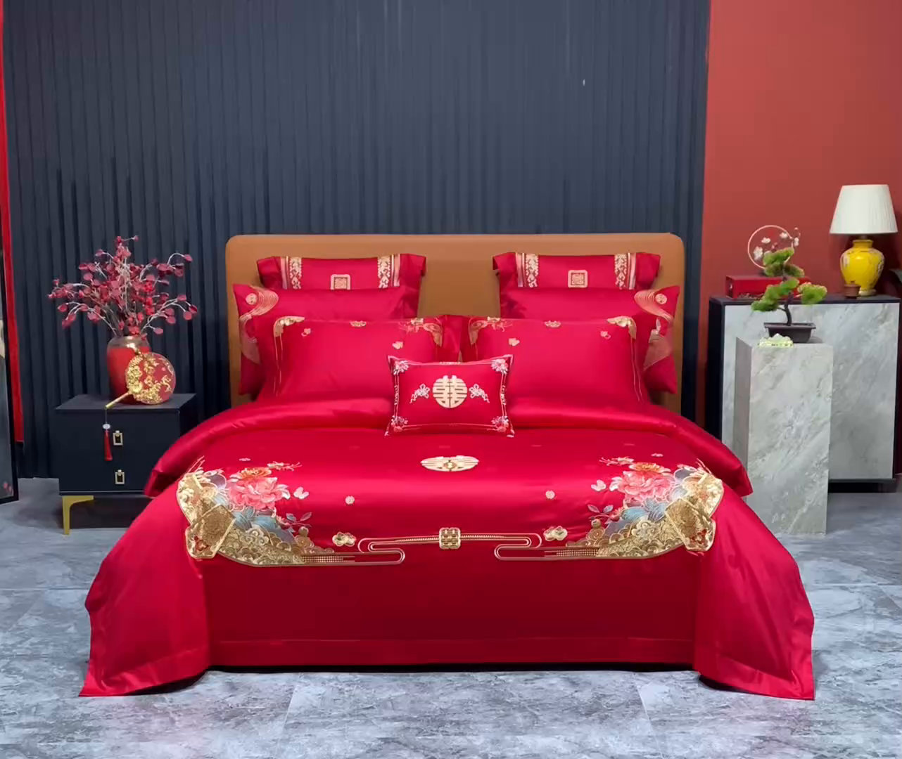 91家纺网 家纺一手货源 找家纺 蒂爵 2026年重绣性价比款长绒棉提花全棉纯棉绣花婚庆四件套多件套大红色刺绣结床上用品 花开纳福