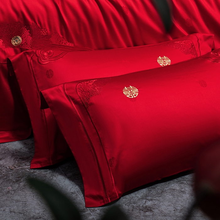 91家纺网 家纺一手货源 找家纺 蒂爵 2026年重绣性价比款长绒棉提花全棉纯棉绣花婚庆四件套多件套大红色刺绣结床上用品 欢天喜地