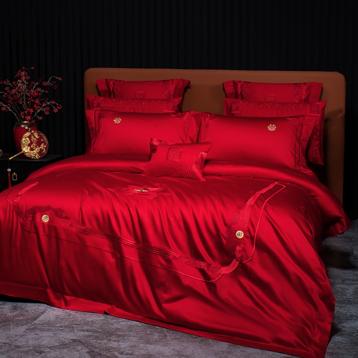 91家纺网 家纺一手货源 找家纺 蒂爵 2026年重绣性价比款长绒棉提花全棉纯棉绣花婚庆四件套多件套大红色刺绣结床上用品 欢天喜地