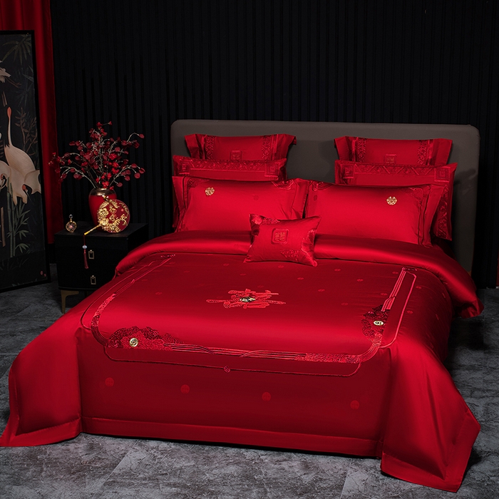 91家纺网 家纺一手货源 找家纺 蒂爵 2026年重绣性价比款长绒棉提花全棉纯棉绣花婚庆四件套多件套大红色刺绣结床上用品 欢天喜地