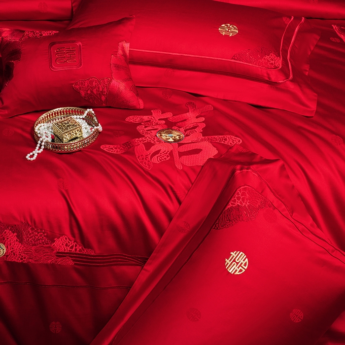 91家纺网 家纺一手货源 找家纺 蒂爵 2026年重绣性价比款长绒棉提花全棉纯棉绣花婚庆四件套多件套大红色刺绣结床上用品 欢天喜地