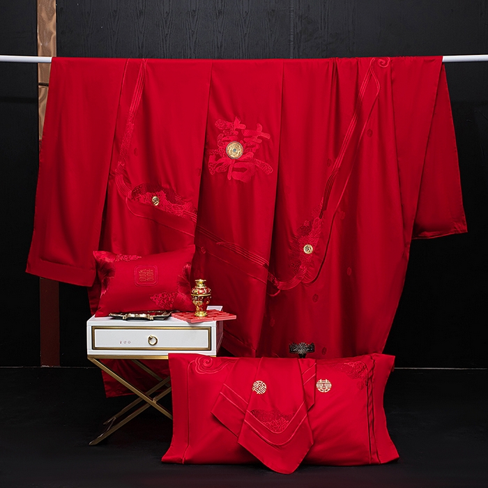 91家纺网 家纺一手货源 找家纺 蒂爵 2026年重绣性价比款长绒棉提花全棉纯棉绣花婚庆四件套多件套大红色刺绣结床上用品 欢天喜地