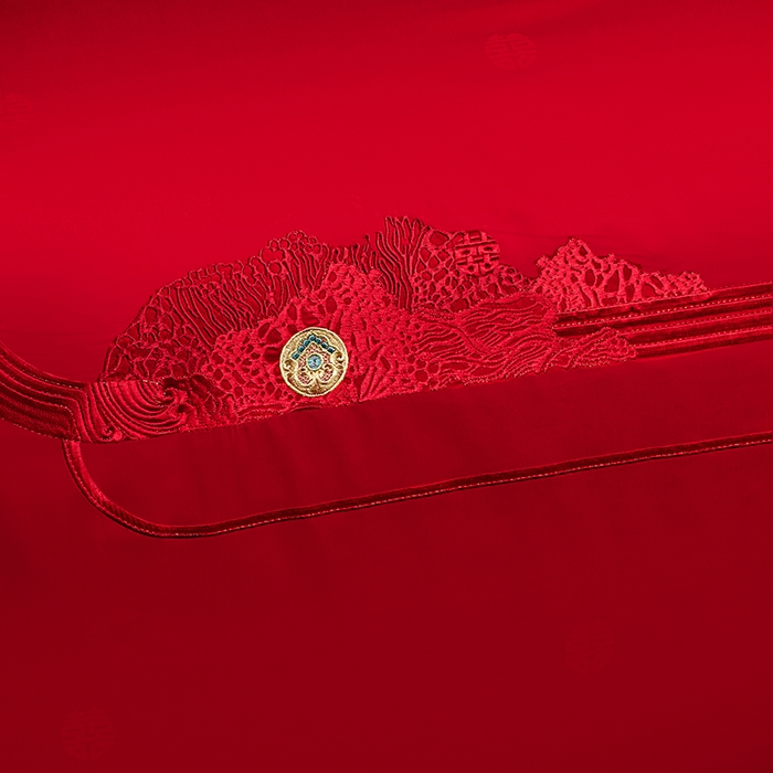 91家纺网 家纺一手货源 找家纺 蒂爵 2026年重绣性价比款长绒棉提花全棉纯棉绣花婚庆四件套多件套大红色刺绣结床上用品 欢天喜地