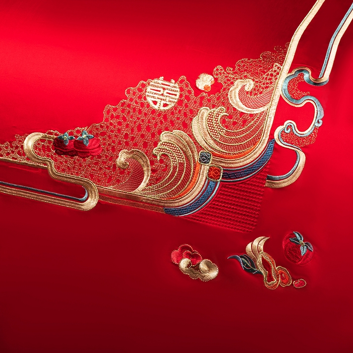 91家纺网 家纺一手货源 找家纺 蒂爵 2026年重绣性价比款长绒棉提花全棉纯棉绣花婚庆四件套多件套大红色刺绣结床上用品 良辰美景