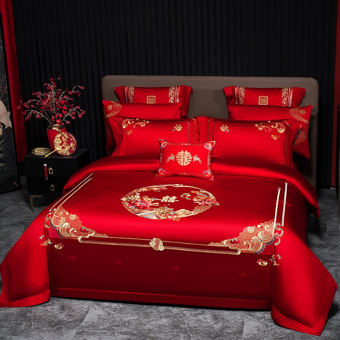 91家纺网 家纺一手货源 找家纺 蒂爵 2026年重绣性价比款长绒棉提花全棉纯棉绣花婚庆四件套多件套大红色刺绣结床上用品 良辰美景