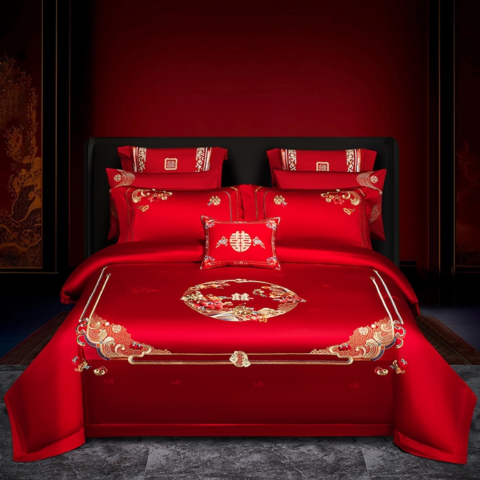 蒂爵 2026年重绣性价比款长绒棉提花全棉纯棉绣花婚庆四件套多件套大红色刺绣结床上用品 良辰美景
