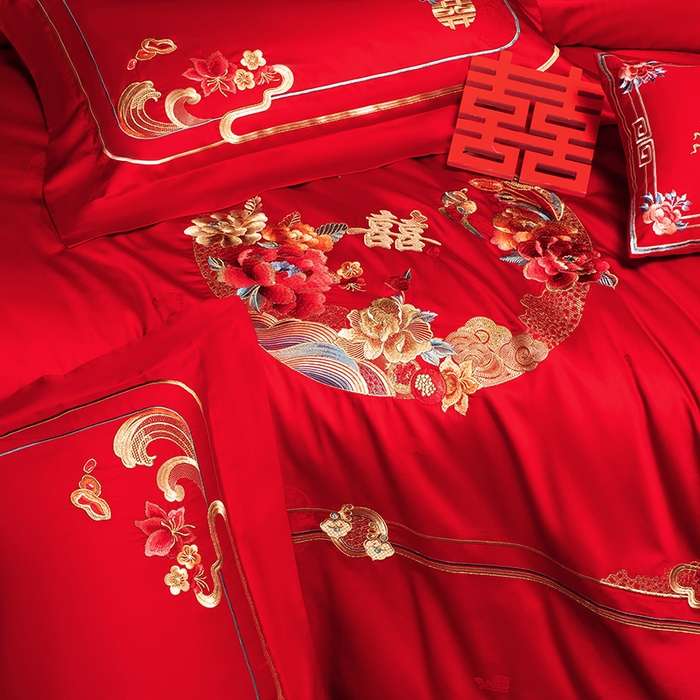 91家纺网 家纺一手货源 找家纺 蒂爵 2026年重绣性价比款长绒棉提花全棉纯棉绣花婚庆四件套多件套大红色刺绣结床上用品 良辰美景