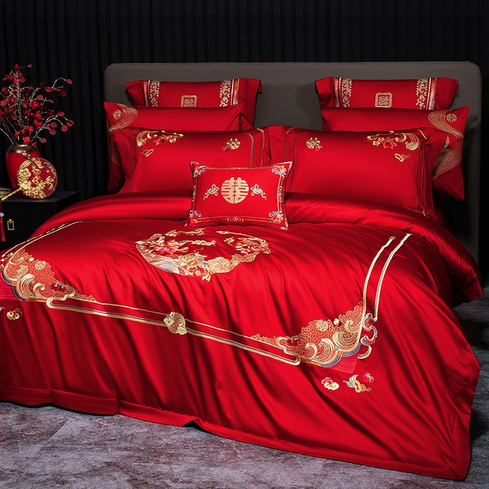 91家纺网 家纺一手货源 找家纺 蒂爵 2026年重绣性价比款长绒棉提花全棉纯棉绣花婚庆四件套多件套大红色刺绣结床上用品 良辰美景