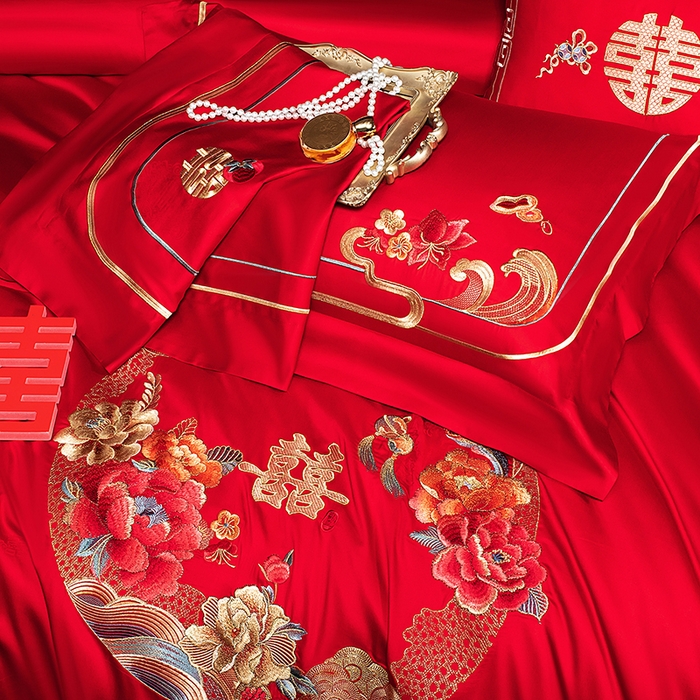 91家纺网 家纺一手货源 找家纺 蒂爵 2026年重绣性价比款长绒棉提花全棉纯棉绣花婚庆四件套多件套大红色刺绣结床上用品 良辰美景