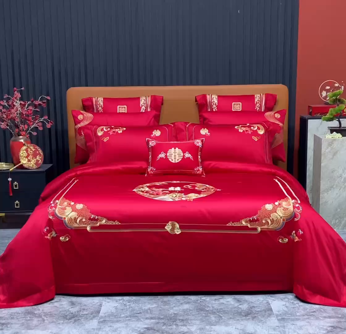 91家纺网 家纺一手货源 找家纺 蒂爵 2026年重绣性价比款长绒棉提花全棉纯棉绣花婚庆四件套多件套大红色刺绣结床上用品 良辰美景
