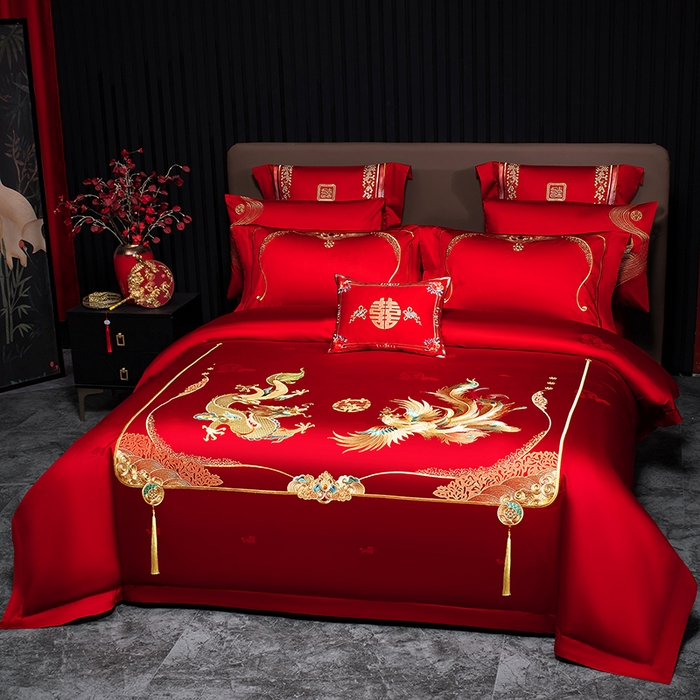 91家纺网 家纺一手货源 找家纺 蒂爵 2026年重绣性价比款长绒棉提花全棉纯棉绣花婚庆四件套多件套大红色刺绣结床上用品 龙飞凤舞