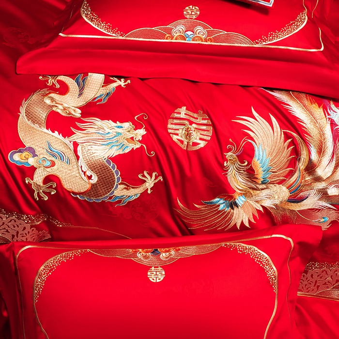 91家纺网 家纺一手货源 找家纺 蒂爵 2026年重绣性价比款长绒棉提花全棉纯棉绣花婚庆四件套多件套大红色刺绣结床上用品 龙飞凤舞