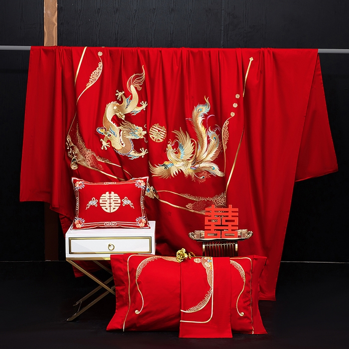 91家纺网 家纺一手货源 找家纺 蒂爵 2026年重绣性价比款长绒棉提花全棉纯棉绣花婚庆四件套多件套大红色刺绣结床上用品 龙飞凤舞