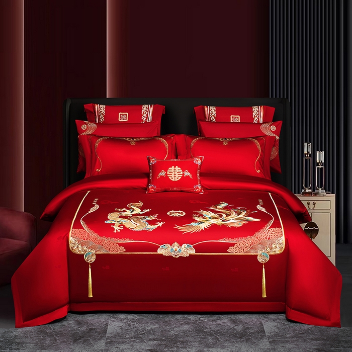 蒂爵 2026年重绣性价比款长绒棉提花全棉纯棉绣花婚庆四件套多件套大红色刺绣结床上用品 龙飞凤舞