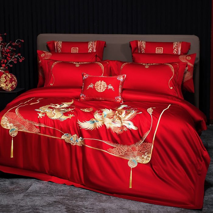 91家纺网 家纺一手货源 找家纺 蒂爵 2026年重绣性价比款长绒棉提花全棉纯棉绣花婚庆四件套多件套大红色刺绣结床上用品 龙飞凤舞