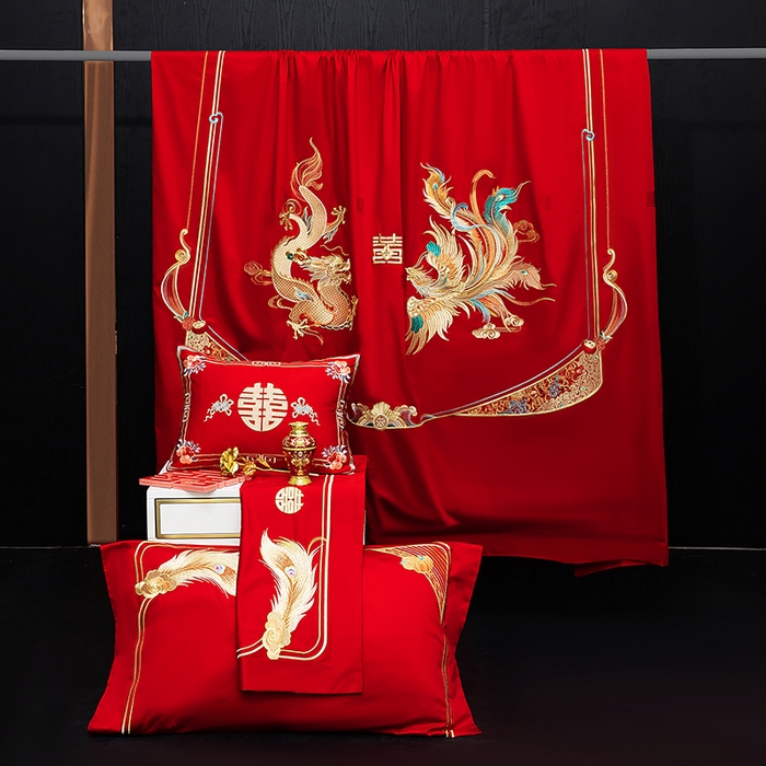 91家纺网 家纺一手货源 找家纺 蒂爵 2026年重绣性价比款长绒棉提花全棉纯棉绣花婚庆四件套多件套大红色刺绣结床上用品 龙凤佳缘