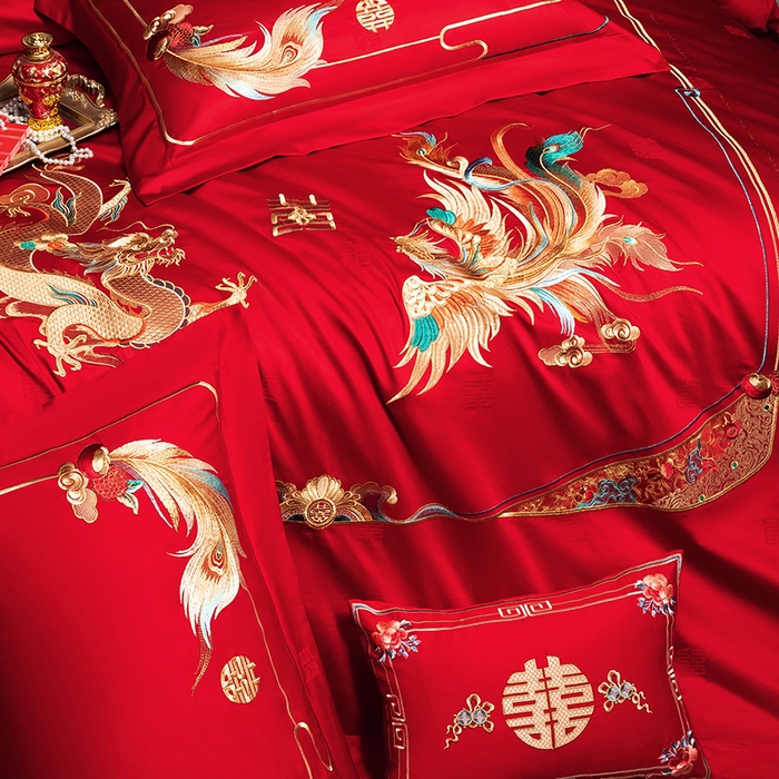91家纺网 家纺一手货源 找家纺 蒂爵 2026年重绣性价比款长绒棉提花全棉纯棉绣花婚庆四件套多件套大红色刺绣结床上用品 龙凤佳缘