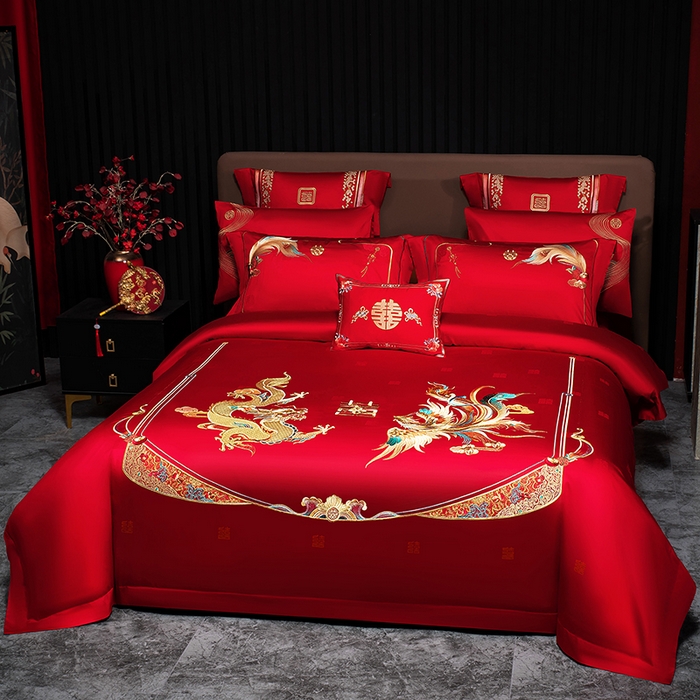 91家纺网 家纺一手货源 找家纺 蒂爵 2026年重绣性价比款长绒棉提花全棉纯棉绣花婚庆四件套多件套大红色刺绣结床上用品 龙凤佳缘