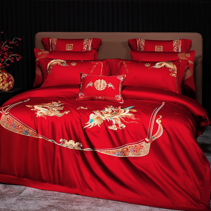 91家纺网 家纺一手货源 找家纺 蒂爵 2026年重绣性价比款长绒棉提花全棉纯棉绣花婚庆四件套多件套大红色刺绣结床上用品 龙凤佳缘