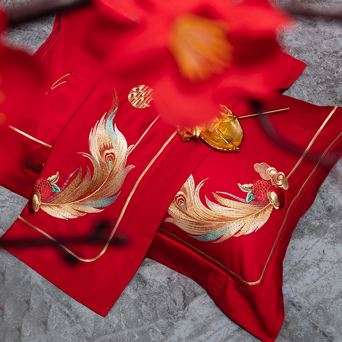 91家纺网 家纺一手货源 找家纺 蒂爵 2026年重绣性价比款长绒棉提花全棉纯棉绣花婚庆四件套多件套大红色刺绣结床上用品 龙凤佳缘