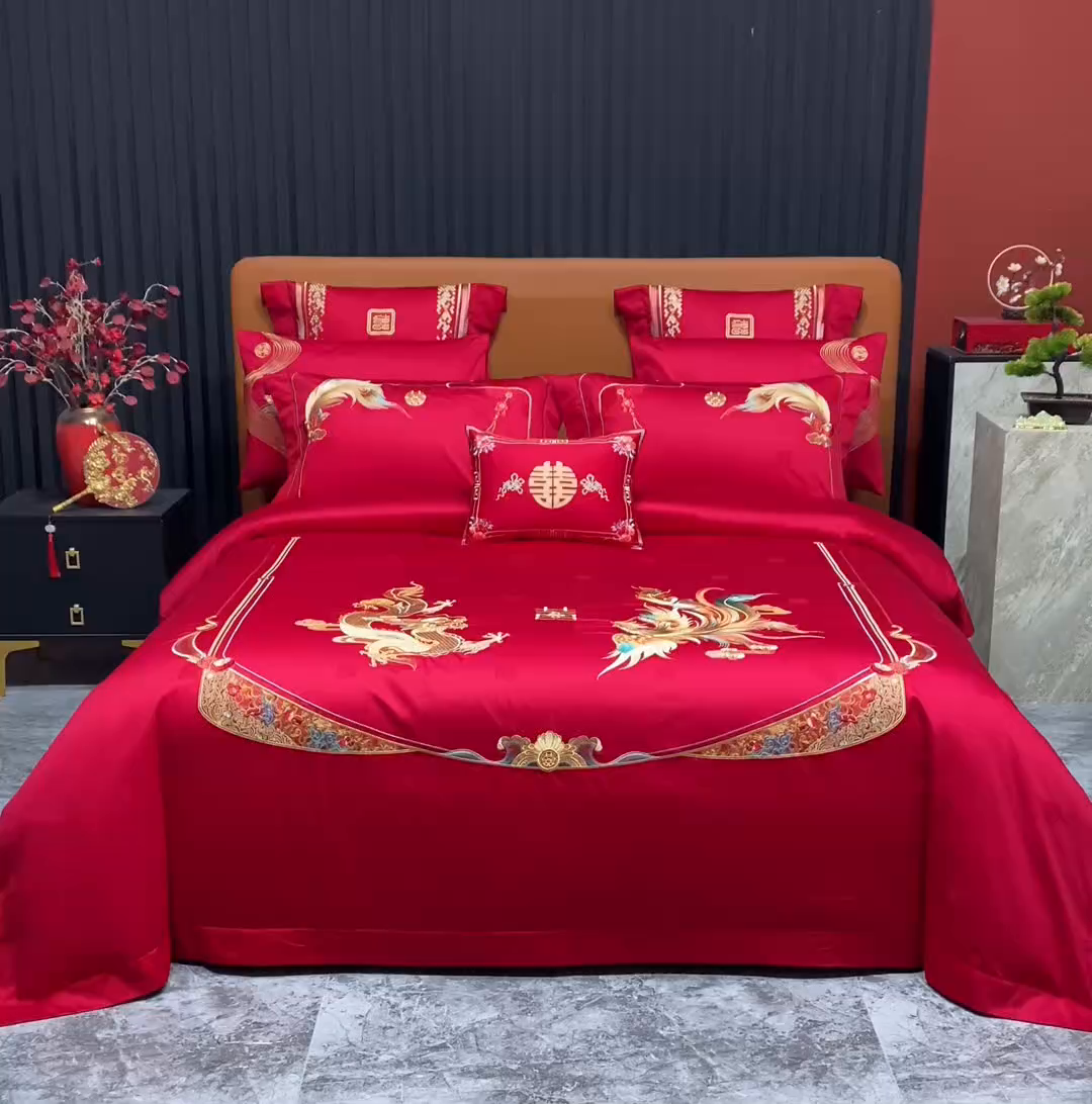 91家纺网 家纺一手货源 找家纺 蒂爵 2026年重绣性价比款长绒棉提花全棉纯棉绣花婚庆四件套多件套大红色刺绣结床上用品 龙凤佳缘
