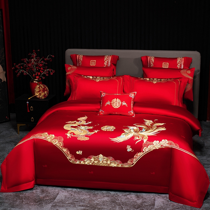 91家纺网 家纺一手货源 找家纺 蒂爵 2026年重绣性价比款长绒棉提花全棉纯棉绣花婚庆四件套多件套大红色刺绣结床上用品 龙凤滕欢