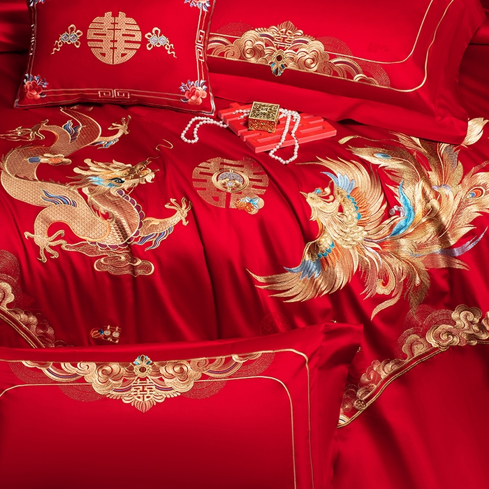 91家纺网 家纺一手货源 找家纺 蒂爵 2026年重绣性价比款长绒棉提花全棉纯棉绣花婚庆四件套多件套大红色刺绣结床上用品 龙凤滕欢
